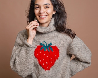 Ready to Ship 4XL Handmade Beige Soft Wool Sweater "Strawberry" , Turtleneck Knit Pullover, Cable Knit Turtleneck, Knitted Winter Sweater