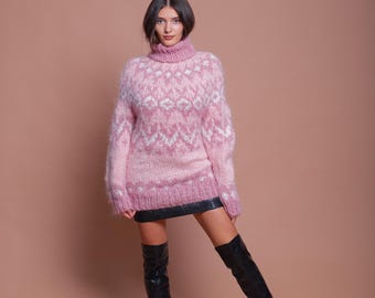 S Size Ready to Ship Beautiful Icelandic Pink Sweater, Fluffy Nordic Jumper, Oversized Mohair Turtleneck, Lopapeysa Women Jumper
