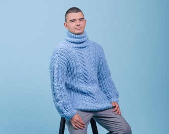Suéter de punto de cable de lana elegante azul para hombre, suéter para hombre, ropa de invierno para hombre, jersey de cuello alto gigante, blusa de lana cálida, jersey grande para hombre