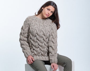 S Size Ready to Ship, Handmade Beige Eco Natural Wool Knit Sweater, Cable Knit Jumper, Chunky Knit Wool Pullover by Molimarks 114_29_15