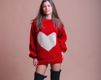 Sexy Red Valentine Sweater, Soft Wool Pullover, White Heart Jumper, Chunky Warm Sweater, Cozy Jumper, Girlfriend Gift, Cute Red Sweater