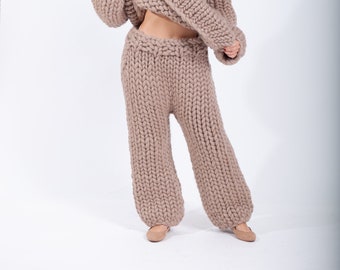 Merino Hand Knit Pants, Fuzzy Trousers, Cable Knit Pants, Wool Trousers, Fluffy Leggings, Warm Winter Pants, Wool Pants, Thick Wool Gift