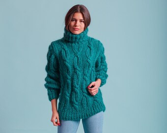 Green Sweater, Aran Sweater For Women, Turtleneck Pullover, Womens Fisherman Sweater, Cable Knit Jumper, Plus Size Clothing, Comfy Sweater