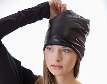 Black viscose leather hat / Slouchy beanie hat / Latex hat for women / Faux leather beanie hat