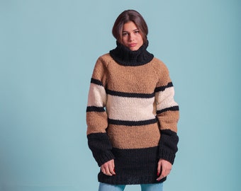 Striped Wool Sweater, Women Turtleneck Sweater, Chunky Jumper, Warm Pullover, Long Sleeve Jumper, Comfy Winter Pullover, Loose Knitwear