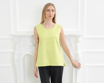 Large Strap Top, Yellow Linen Top, Loose Fit Top, Vêtements en lin, Top cocktail d’été, Vêtements taille plus, Chemisier élégant, Top en lin sans manches