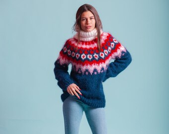 Mohair Pullover, Nordic Turtleneck Sweater, Colorful Jumper, Loose Knitwear, Warm Winter Sweater, Lopapeysa Sweater, Plus Size Clothing