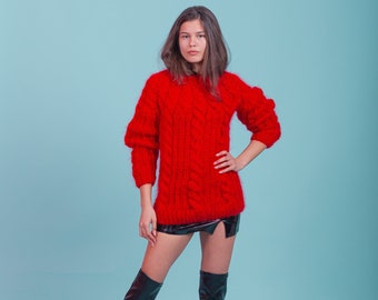 Red Aran Sweater, Mohair Jumper, Women Fisherman Sweater, Loose Fit Pullover, Cable Knit Jumper, Chunky Pullover, Plus Size Clothing