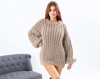 Chunky hand knit sweater in light brown made of wool available in plus size