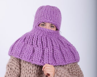 Purple Knit Balaclava, Wool Knitted Scarf, Winter Knitted Hat, Wool Face Covering, Knitted Ski Mask, Balaclava Helmet, Wool Face Mask