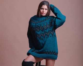 Blue Nordic Sweater, Wool Jumper, Women Fair Isle Sweater, Chunky Winter Pullover, Soft Knit Sweater, Lopapeysa Jumper, Loose Knitwear