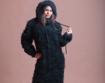 Hooded Mohair Dress, Black Fluffy Sweater Dress, Plus Size Hoodie, Turtleneck Dress, Long Chunky Sweater,Warm Winter Dress,Fuzzy Women Dress