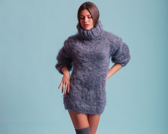 Fluffy Women's Sweater, Gray Jumper, Mohair Turtleneck Sweater, Comfy Winter Jumper, Cozy Sweater, Long Sleeve Pullover, Chunky Knitwear