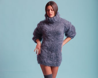 M Ready to ship Fluffy Women's Sweater, Gray Jumper, Mohair Turtleneck Sweater, Cozy Sweater, Long Sleeve Pullover, Chunky Knitwear