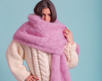 Rosa Mohair Schal, flauschiger Schal, Oversized Schal, langer Schal, warmer Winter Schal, gemütlicher rosa Schal