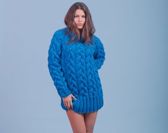 Pull bleu océan, pull en laine épaisse, pull Aran pour femmes, pull à col roulé, vêtements de taille plus, pull chaud surdimensionné, pull Chunky