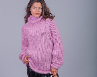 Hand knitted mohair winter  sweater in pink  with turtleneck