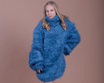 5 strands Hand knitted mohair fluffy sweater in blue with turtleneck