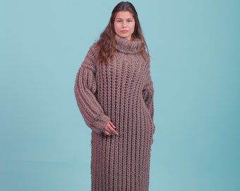 5 strands Dress, Maxi Oversize Dress, Chunky Woolen Dress, Chunky Knit Dress, Eco Wool Dress, Turtleneck Dress, Wool Handcrafted Dress