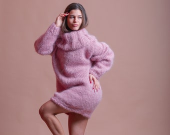 Pink Turtleneck Sweater, Warm Winter Mohair Jumper, Chunky Women Sweater, Oversized Knitted Pullover, Plus Size Jumper, Loose Women Knitwear