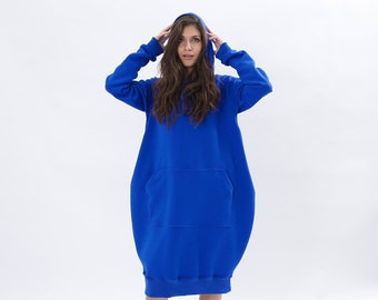 Robe à capuche, robe maxi taille unique, robe bleu royal, vêtements taille plus, robe confortable, robe à capuche extravagante, robe d’été confortable