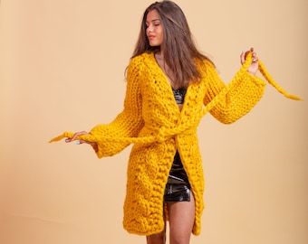 Yellow Chunky Merino Cardigan, Wool Maxi Cardigan, Knit Jumper, Thick Cardigan, Huge Cardigan ,Molimarks Clothing