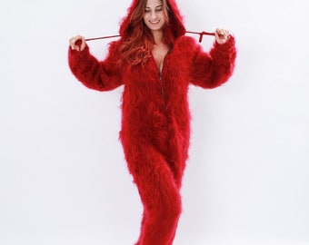 Red Mohair Catsuit, Hooded Knit Jumpsuit, Knit Mohair Overall, Mohair Fetish Romper, Chunky Huge Catsuit, Cosplay Suit, Valentine's Day Gift