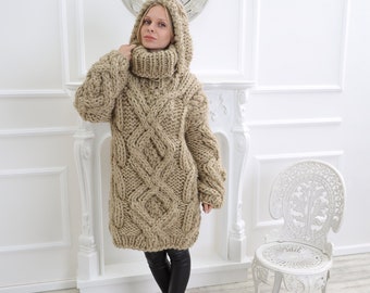 Oversized Wool Hooded Sweater, Chunky Natural Wool Pullover, Giant Turtleneck Sweater, Cable Knit Cardigan, Long Loose Winter Wool Sweater