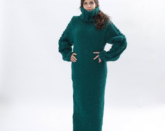 Green Wool Dress, Huge Turtleneck Knit Dress, Maxi Sweater Dress, Long Wool Dress, Oversize Wool Dress, Chunky Knit Sweater, Bohemian Dress