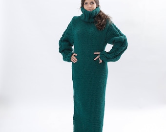 Grünes Wollkleid, Großes Rollkragenkleid, MaxiPullover Kleid, Langes Wollkleid, Oversize Wollkleid, Chunky Strickpullover, Boho Kleid