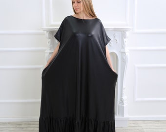 Black Latex Kaftan Dress, Viscose Leather Dress, Black Oversized Dress, Plus Size Clothing, Black Caftan Dress, Witch, Molimarks 10001