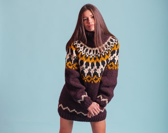 Natural Wool Sweater, Nordic Jumper, Brown Pullover, Warm Winter Sweater, Women Jumper, Turtleneck Pullover, Fair Isle Sweater,Chunky Jumper
