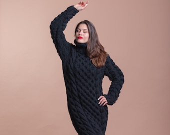 Black Sweater Dress, Oversized Wool Dress, Extravagant Wool Dress, Turtleneck Sweater Dress, Cable Knit Dress, Avant Garde Clothing