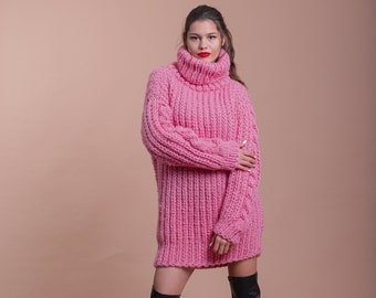 Pink Wool Sweater, Cabke Knit Sweater, Turtleneck Knit Pullover, Oversized Chunky Sweater, Knitted Loose Sweater, Pink Pullover