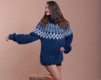 Blue Mohair Icelandic Sweater, Fluffy Nordic Jumper, Oversized Mohair Turtleneck, Lopapeysa Women Jumper, Fair Isle Sweater, Knit Pullover