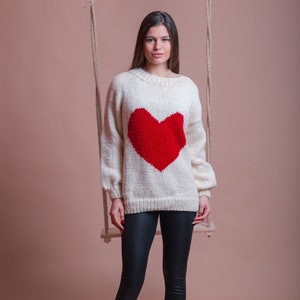 White Wool Sweater, Red Heart Pullover, Valentine Sweater, Women Heart Jumper, Girlfriend Gift, Cute Winter Pullover, Casual Clothing image 1