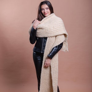 Women Beige Wool Scarf, Beige Long Scarf, Wide Wool Scarf, Hand Knitted Wool Accessories, Chunky Scarf, Girlfriend Gift, Thick Wool Scarf