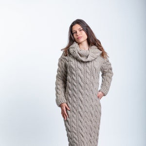 Beige Sweater Dress, Oversized Wool Dress, Extravagant Wool Dress, Turtleneck Sweater Dress, Cable Knit Dress, Avant Garde Clothing