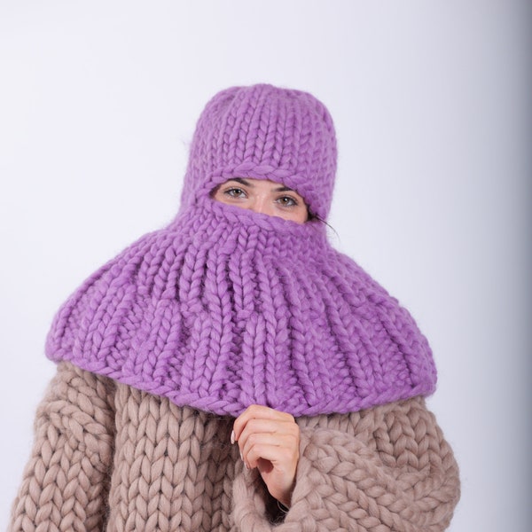 Purple Knit Balaclava, Wool Knitted Scarf, Winter Knitted Hat, Wool Face Covering, Knitted Ski Mask, Balaclava Helmet, Wool Face Mask