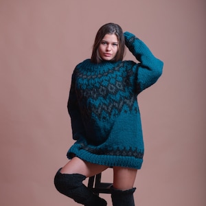 Blue Nordic Sweater, Wool Jumper, Women Fair Isle Sweater, Chunky Winter Pullover, Soft Knit Sweater, Lopapeysa Jumper, Loose Knitwear