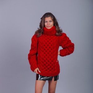 Bulky red oversized wool sweater with huge warm turtleneck, great for ski resort holiday image 1