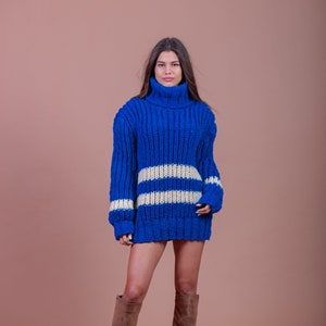 Blue Pullover, Blue Women Sweater, Striped Jumper, Wool Jumper, Turtleneck Sweater, Chunky Jumper, Plus Size Clothing, Oversized Pullover