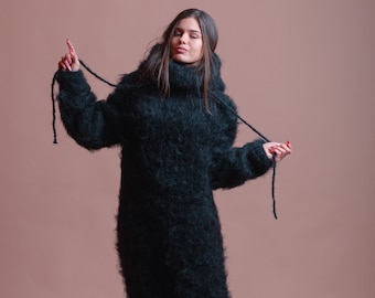 3XL Ready to Ship Hooded Mohair Dress, Black Fluffy Sweater Dress, Plus Size Hoodie, Turtleneck Dress, Long Chunky Sweater,Warm Winter Dress