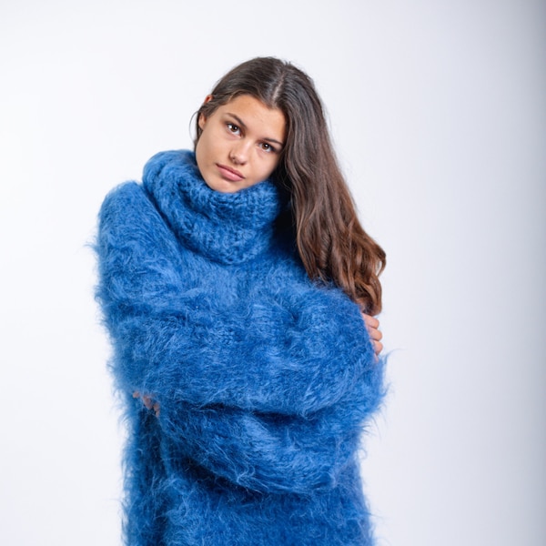 Super flauschiger Mohair Pullover, blauer Pullover, Mohair Rollkragenpullover, bequemer Winterpullover, gemütlicher Pullover, Langarmpullover, Molimarks