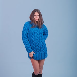 Ocean Blue Sweater, Thick Wool Pullover, Women Aran Sweater, Turtleneck Jumper, Plus Size Clothing, Warm Oversized Sweater, Chunky Jumper