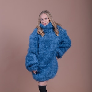5 strands Hand knitted mohair fluffy sweater in blue with turtleneck