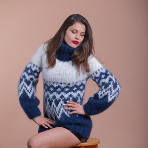 Beautiful Blue Mohair Icelandic Sweater, Fluffy Nordic Jumper, Oversized Mohair Turtleneck, Lopapeysa Women Jumper
