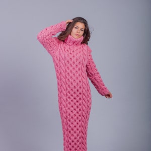 Pink Sweater Dress, Oversized Wool Dress, Extravagant Wool Dress, Turtleneck Sweater Dress, Cable Knit Dress, Avant Garde Clothing,Warm Gift