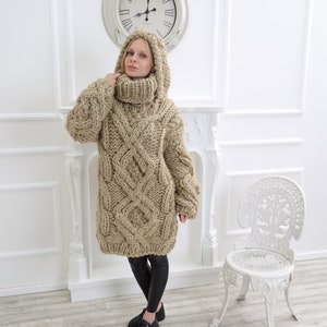 Oversized Wool Hooded Sweater, Chunky Natural Wool Pullover, Giant Turtleneck Sweater, Cable Knit Cardigan, Long Loose Winter Wool Sweater