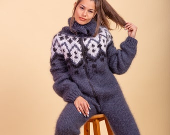 Ready to ship XL size Mohair Knit Catsuit with Hoodie  ONLY , Gray Nordic Bodysuit With Zipper, Mohair Catsuit, Thick Fluffy Mohair Bodysuit